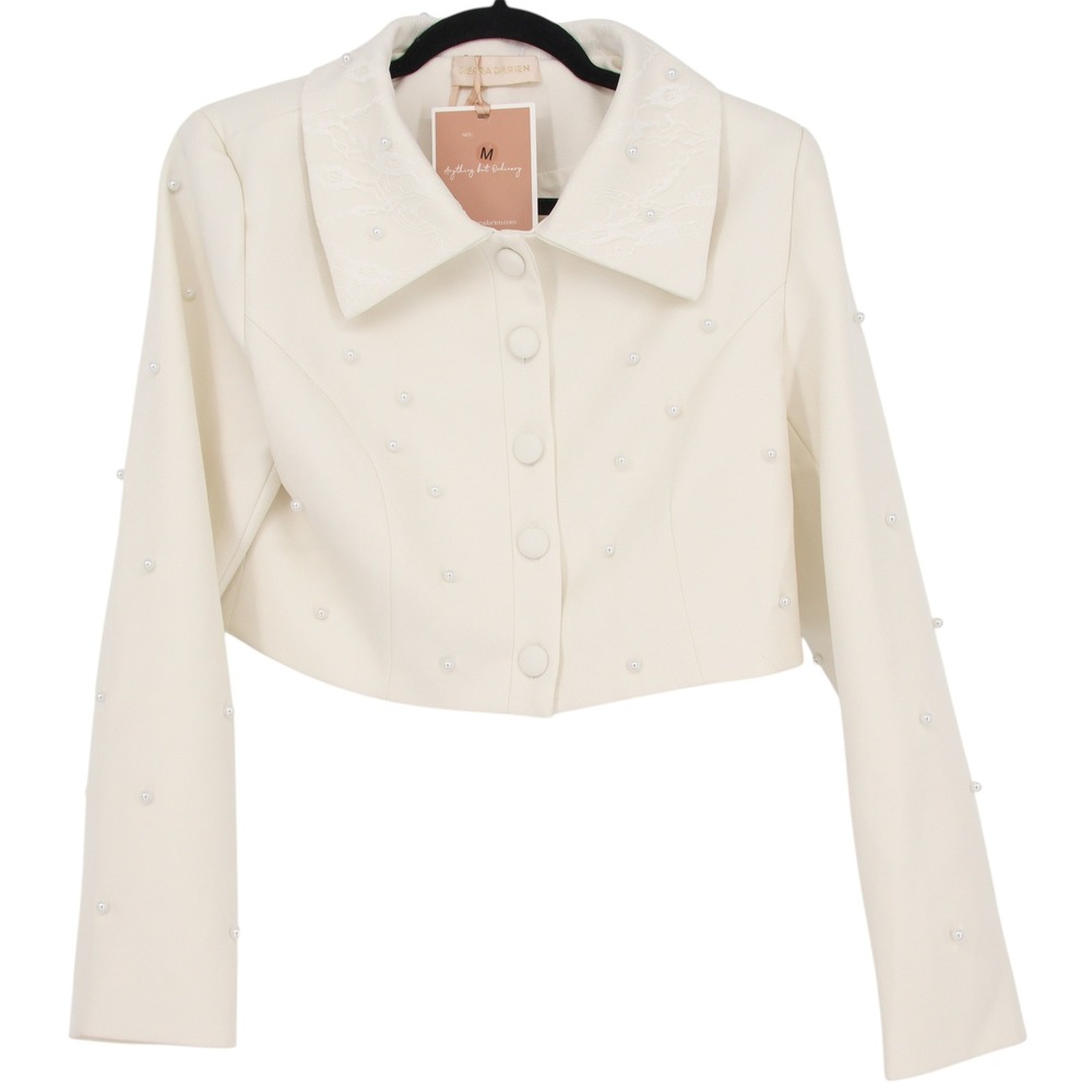 Sierra Darien Faux Pearl Embellished Cropped White Jacket Size M Lace Collar NWT